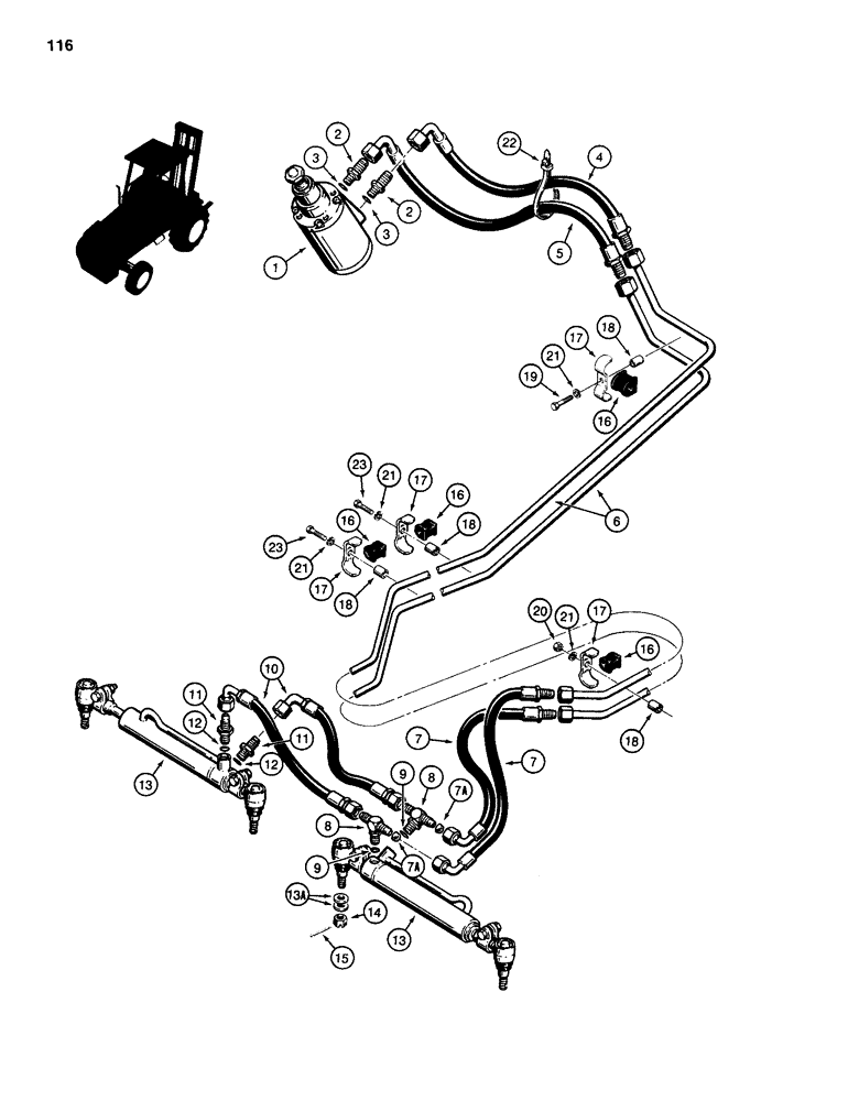 Схема запчастей Case 586D - (116) - STEERING HYDRAULIC CIRCUIT, STEERING CONTROL VALVE TO CYLINDERS, 2WD MODELS (41) - STEERING