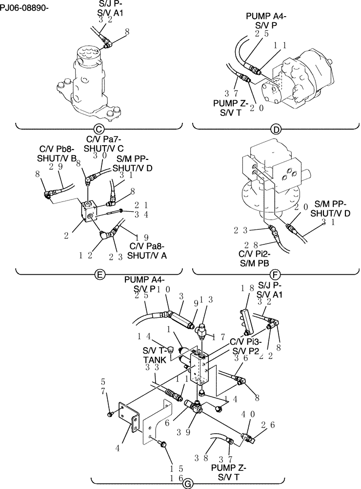 Схема запчастей Case CX50B - (719-17[2]) - CONTROL LINES, REMOTE WITH A PUMP Z PORT (35) - HYDRAULIC SYSTEMS