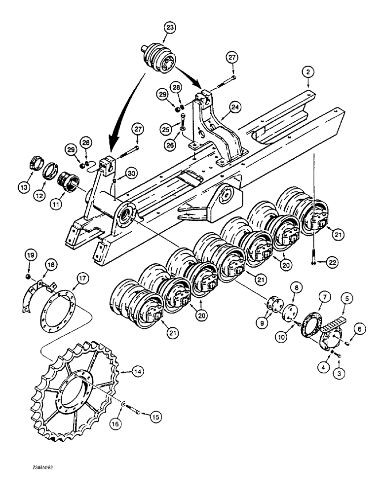 Схема запчастей Case 1150E - (5-06) - TRACK FRAME, SPROCKET, AND ROLLERS, 74 INCH GAUGE LGP DOZER MODELS ONLY (11) - TRACKS/STEERING