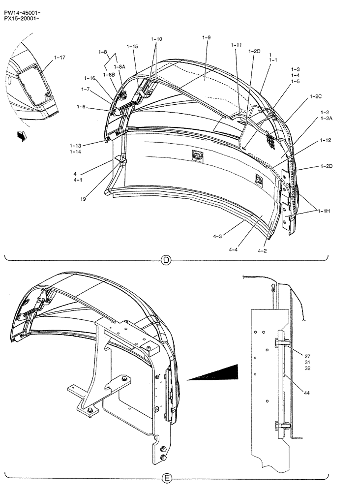 Схема запчастей Case CX36B - (01-064) - GUARD INSTAL (CANOPY), P/N PW21C01799F1 (05) - SUPERSTRUCTURE