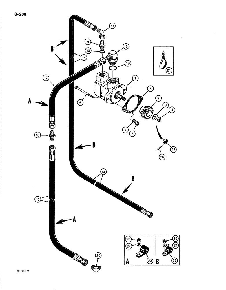 Схема запчастей Case 1187B - (8-200) - HYDRAULIC CIRCUIT FOR CONTROLS, HYDRAULIC PUMP AND LINES, USED ON MODELS WITH CASE ENGINE (08) - HYDRAULICS