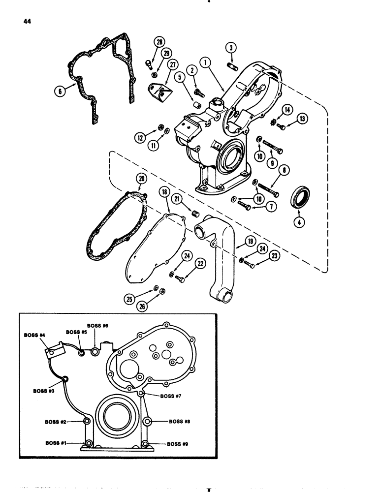 Схема запчастей Case 1845B - (044) - TIMING GEAR COVER, 188 DIESEL ENGINE (02) - ENGINE