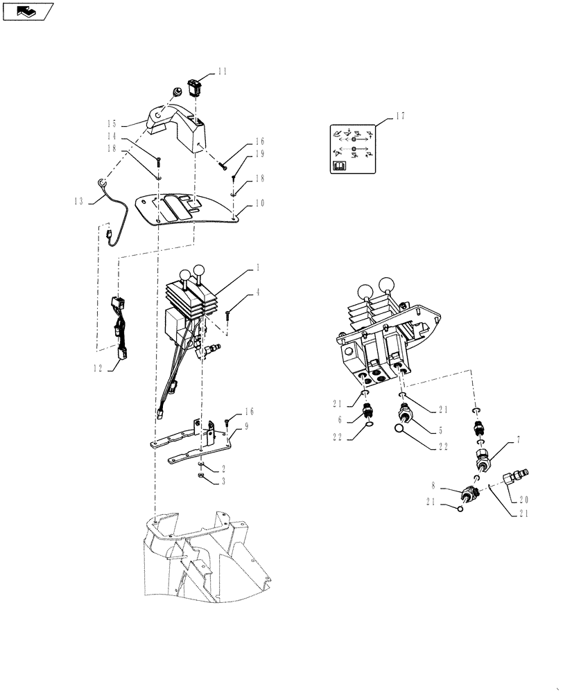 Схема запчастей Case 1121F - (35.128.02) - VALVE ASSEMBLY - JOYSTICK CONTROL INSTALLATION - 2 FUNCTION JOYSTICK, 2 LEVER (35) - HYDRAULIC SYSTEMS