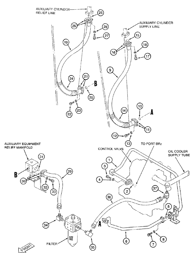 Схема запчастей Case 9050B - (8-114) - SINGL ACTION AXLRY EQUIP OPTION,CYLNDR SUPPLY & RELIEF LINES,CYLNDR SUPPLY LINES,CYLNDR RELIEF LINES (08) - HYDRAULICS