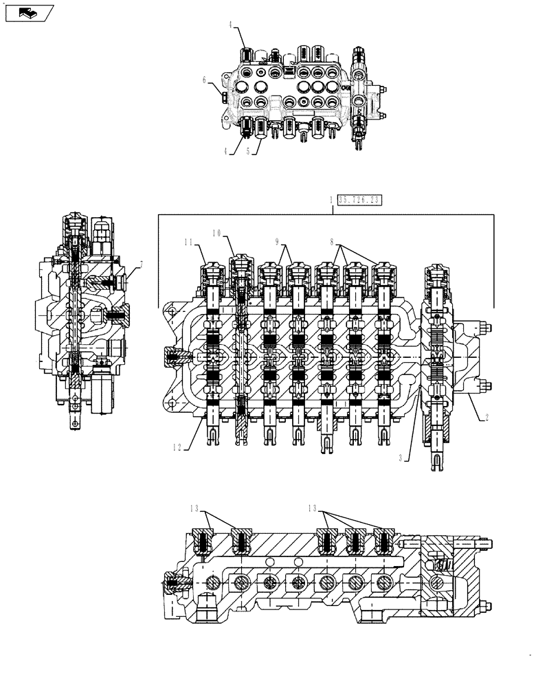 Схема запчастей Case 580SN WT - (35.726.18[01]) - VAR 423076, 423083, 423084, 742369 - VALVE - BACKHOE CONTROL, 8 SPOOL (W/O EXT DIPPER, W/O AUX HYDS, W/O PILOT CONTROLS) (35) - HYDRAULIC SYSTEMS