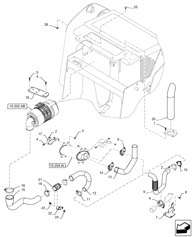 Схема запчастей Case TR320 - (10.202.AD) - ENGINE, EXHAUST SYSTEM LRG R (SR220,SR250,TR320) (10) - ENGINE