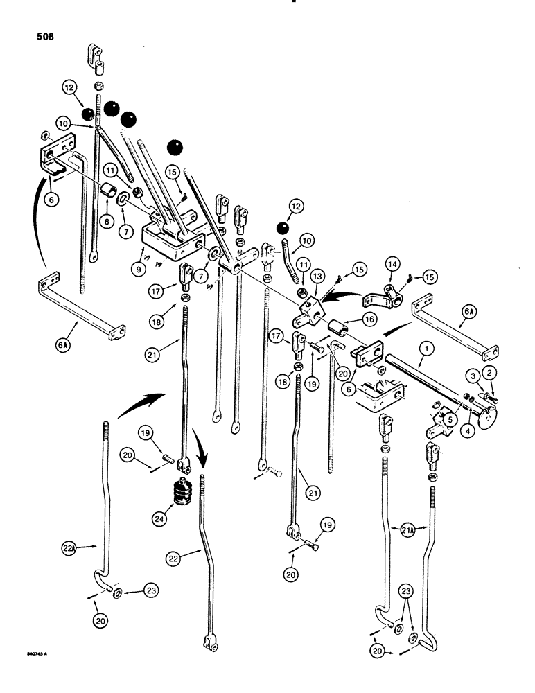 Схема запчастей Case 580E - (508) - BACKHOE CONTROLS WITH FOOT SWING, STABILIZER CONTROL LEVERS AND LINKAGE (09) - CHASSIS/ATTACHMENTS