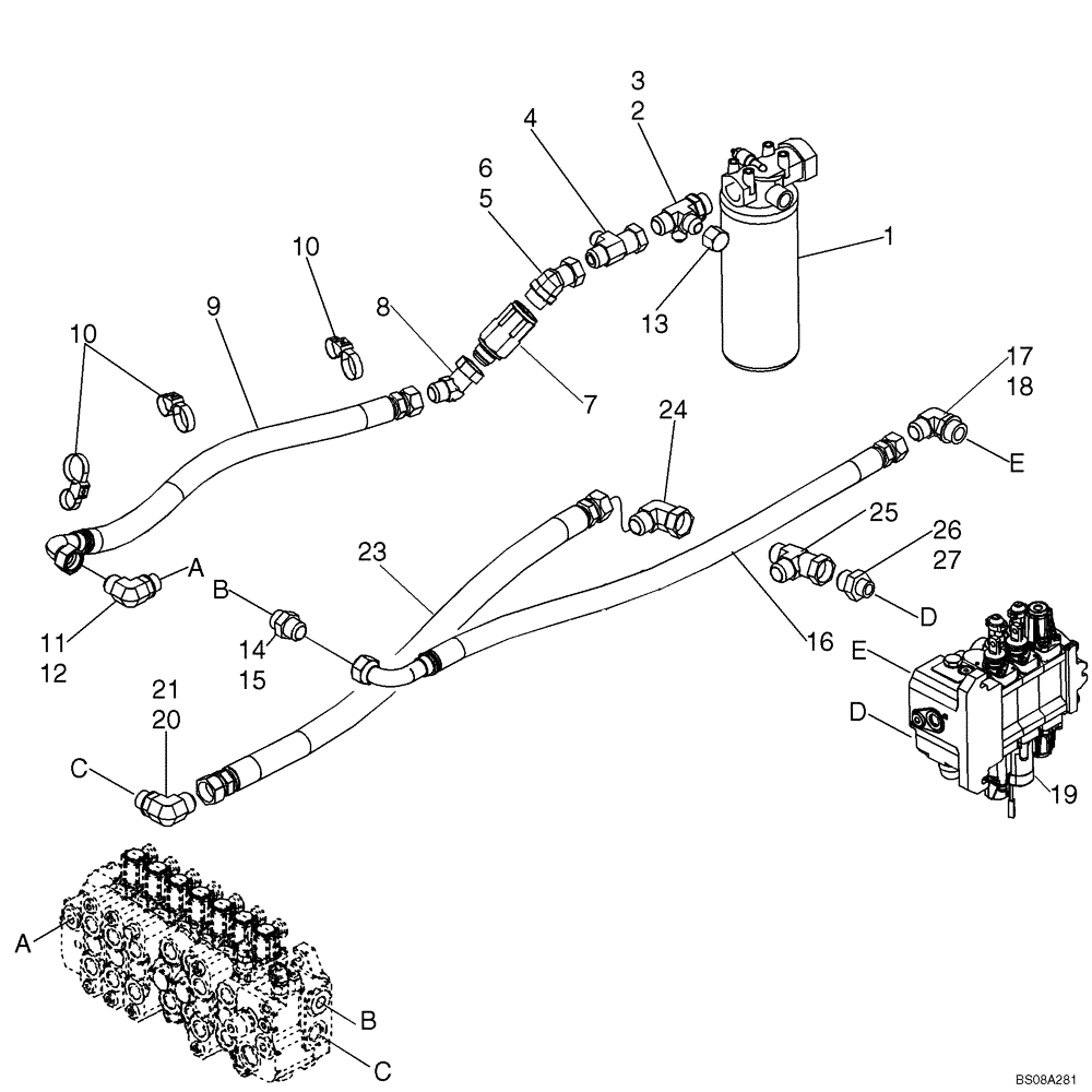 Схема запчастей Case 590SM - (08-02A) - HYDRAULICS - LOADER VALVE AND FILTER TO BACKHOE VALVE (VARIABLE VOLUME PUMP MODELS) (590SM+) (08) - HYDRAULICS