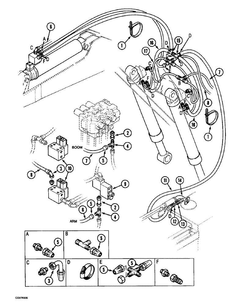 Схема запчастей Case 220B - (8-090) - OPTIONAL CRANING VALVE HYDRAULIC CIRCUIT, ARM AND BOOM CYLINDERS (08) - HYDRAULICS