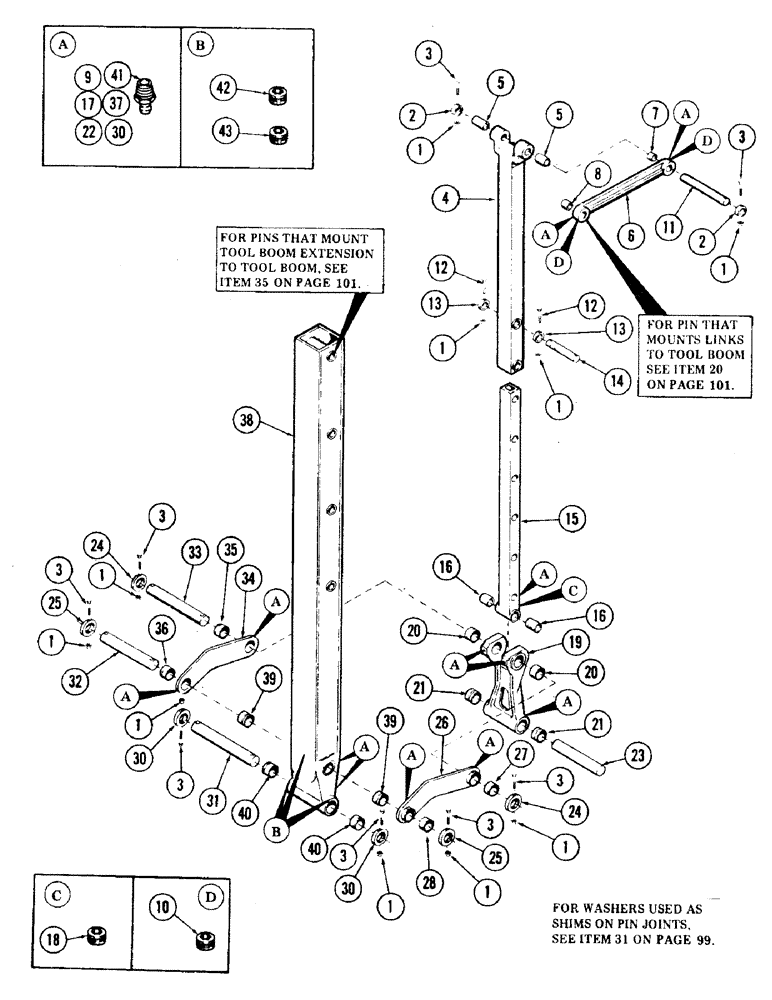 Схема запчастей Case 35 - (102) - "Y" TOOL BOOM EXTENSION, LINKS AND PINS (84) - BOOMS, DIPPERS & BUCKETS