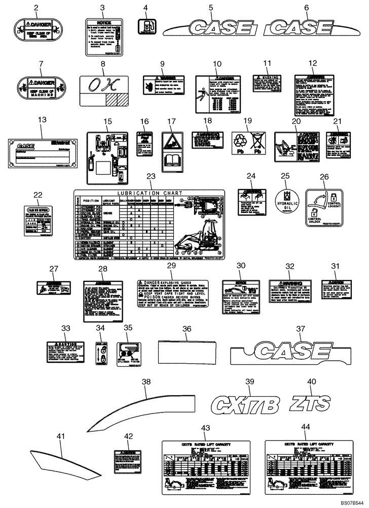 Схема запчастей Case CX17B - (07-002[00]) - DECALS / NAME PLATE (PU22T00050F1 - F4) (90) - PLATFORM, CAB, BODYWORK AND DECALS