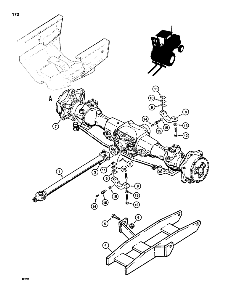 Схема запчастей Case 585D - (172) - REAR DRIVE AXLE MOUNTING AND DRIVE SHAFT, FOUR WHEEL DRIVE MODELS (27) - REAR AXLE SYSTEM