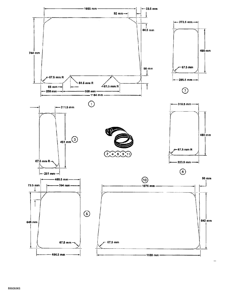 Схема запчастей Case 650G - (9-60) - CAB ASSEMBLY - GLASS - METRIC DIMENSIONS (09) - CHASSIS/ATTACHMENTS