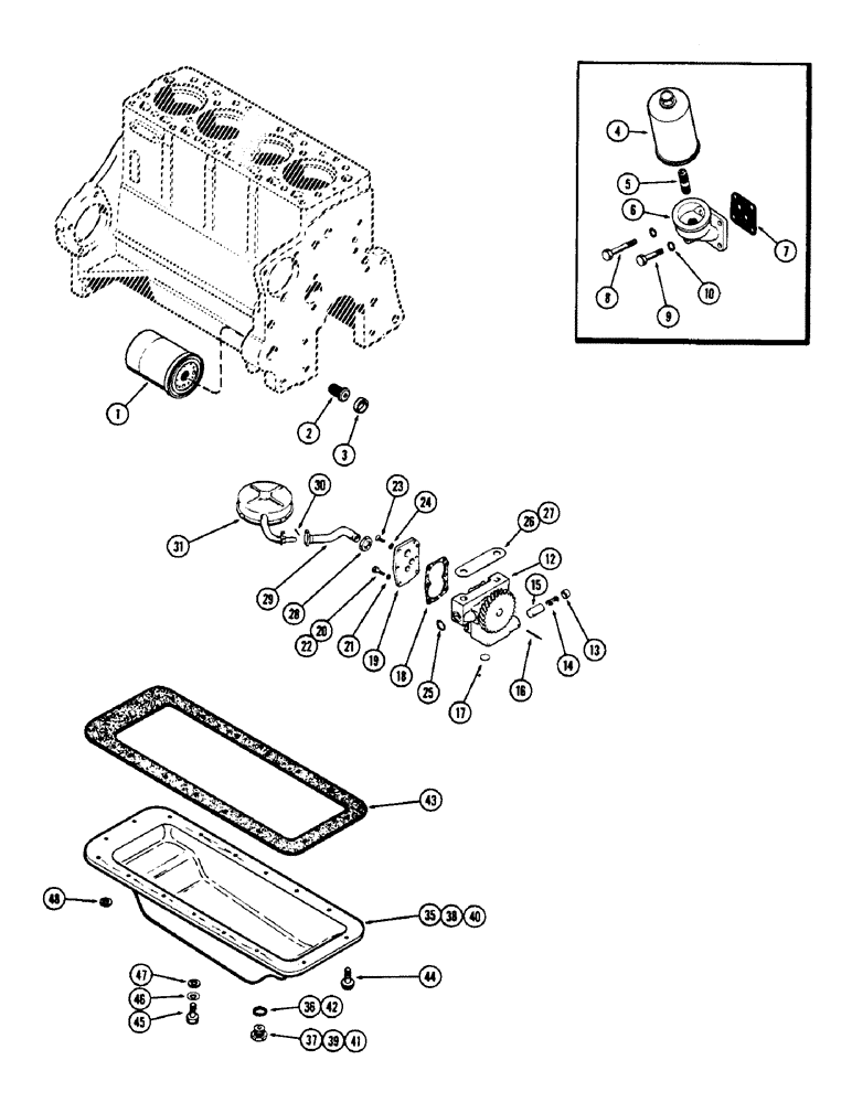 Схема запчастей Case W5A - (034) - OIL FILTER, (188) DIESEL ENGINE, FLANGE MOUNTED / BRACKET MOUNTED / OIL PUMP / OIL PAN (02) - ENGINE