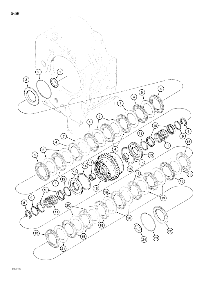 Схема запчастей Case 721 - (6-56) - TRANSMISSION ASSEMBLY, REVERSE AND SECOND CLUTCH PACK, P.I.N JAK0022758 (06) - POWER TRAIN