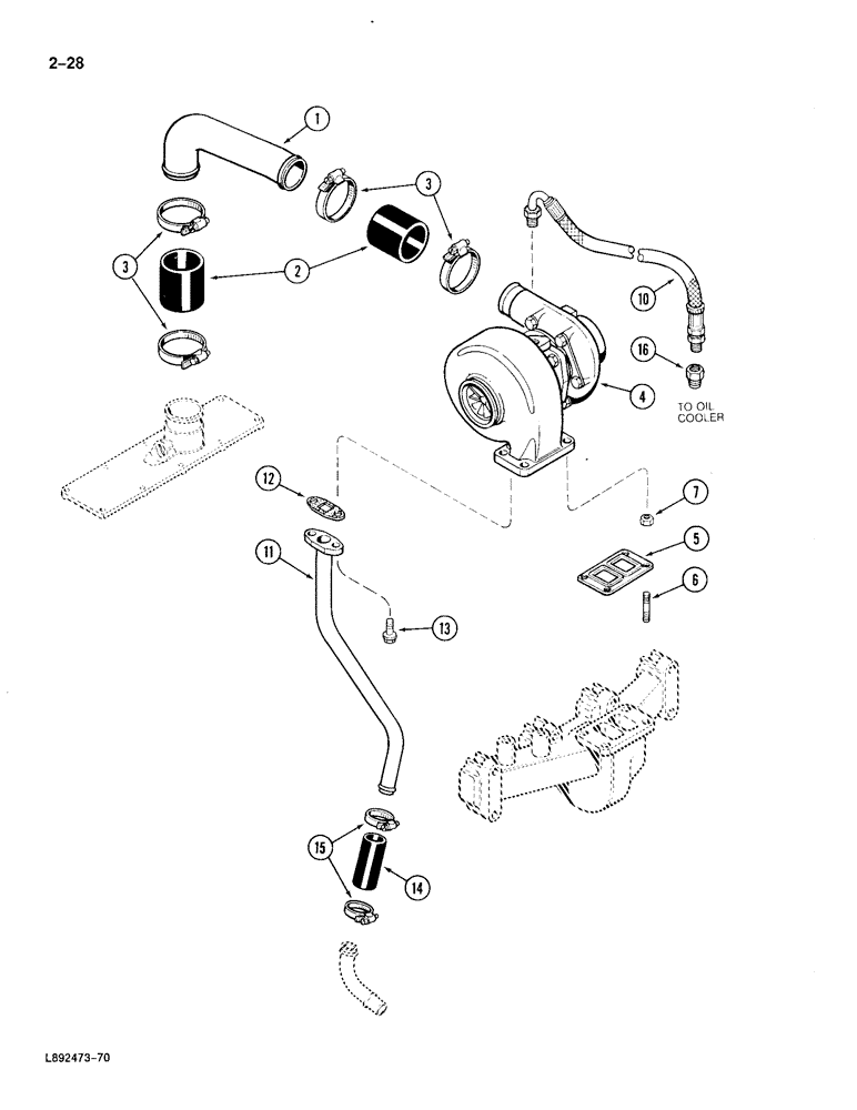 Схема запчастей Case 688 - (2-28) - TURBOCHARGER SYSTEM, 4T-390 ENGINE (02) - ENGINE