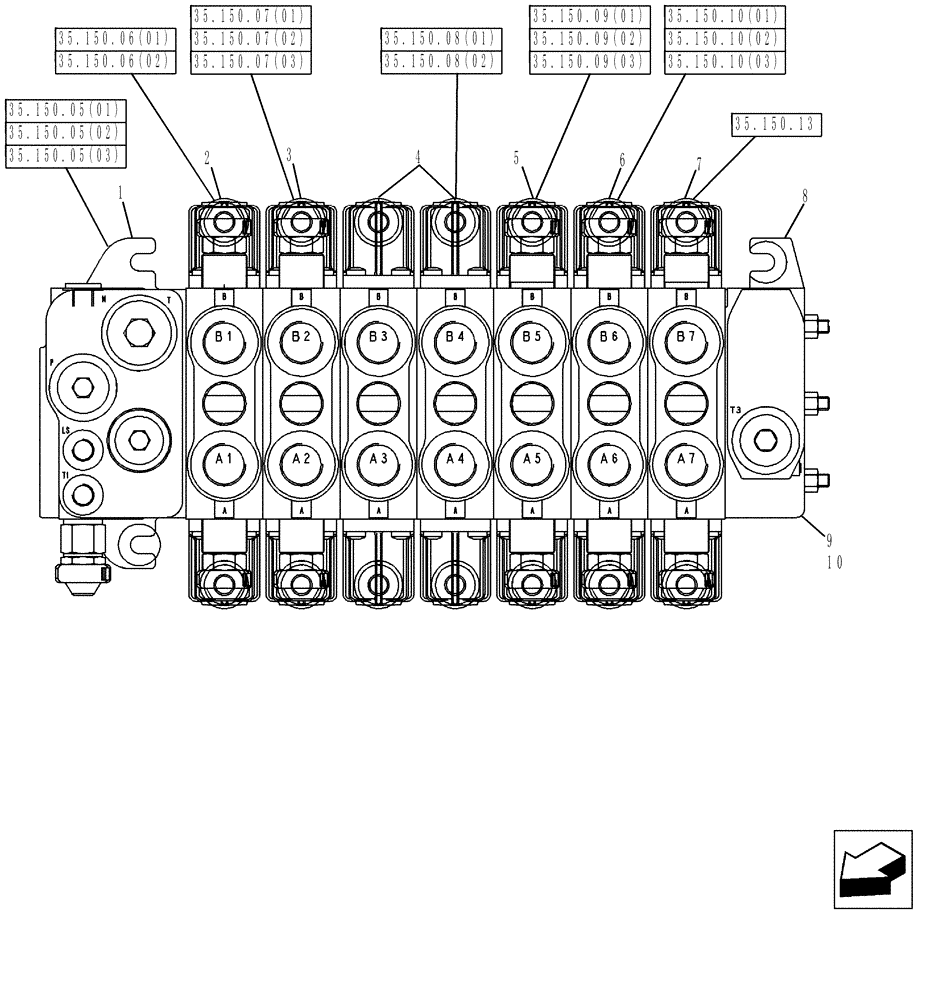 Схема запчастей Case 580SM - (35.726.21[02]) - VALVE ASSY - BACKHOE CONTROL, 7 SPOOL (W/O EXT DIPPER, W/ AUX HYDS, W/ PILOT CONTROLS) (35) - HYDRAULIC SYSTEMS