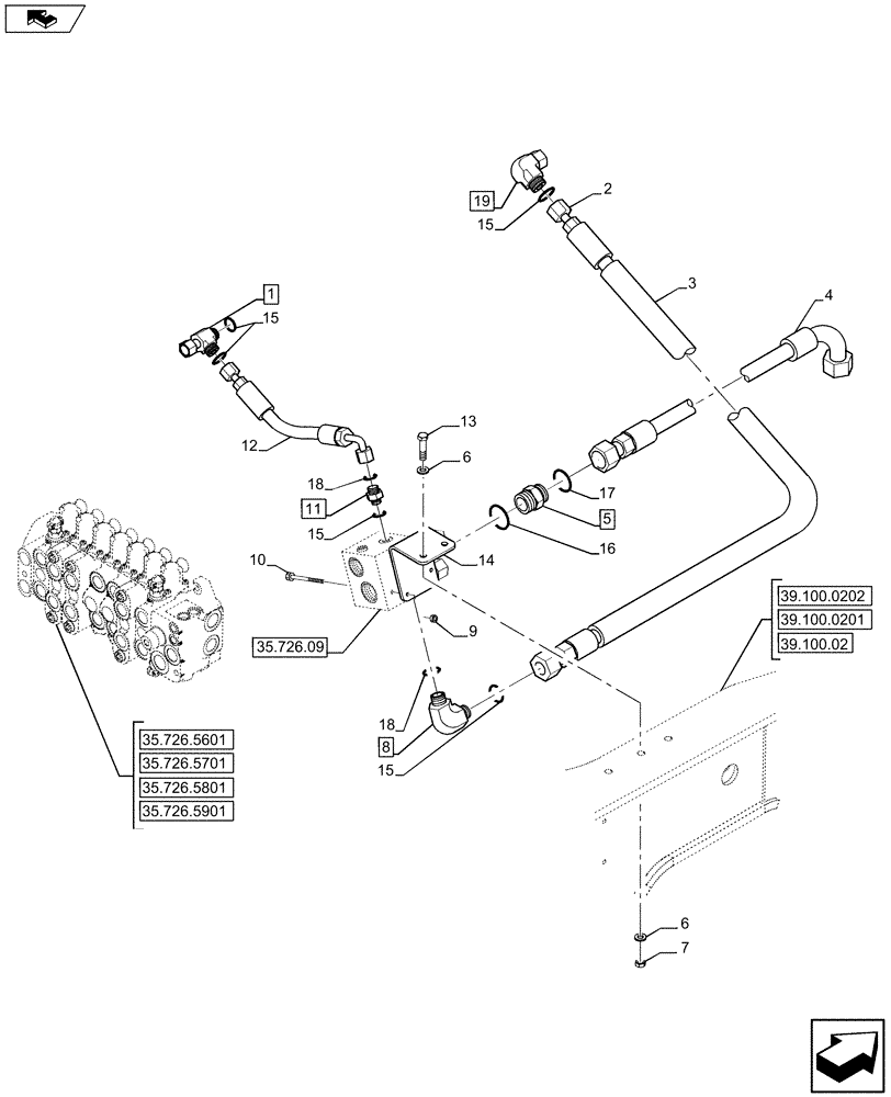 Схема запчастей Case 580SN - (35.726.11) - VAR - 423084 - VALVE INSTALL - BACKHOE CONTROL, DUAL AUX (PILOT CONTROLS) GEAR PUMP ONLY (35) - HYDRAULIC SYSTEMS