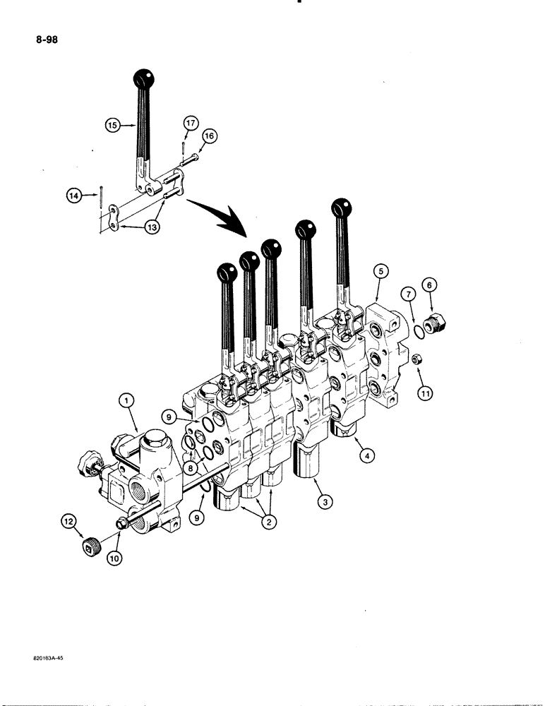 Схема запчастей Case 480E - (8-098) - PTO AND THREE-POINT HITCH CONTROL VALVE (08) - HYDRAULICS