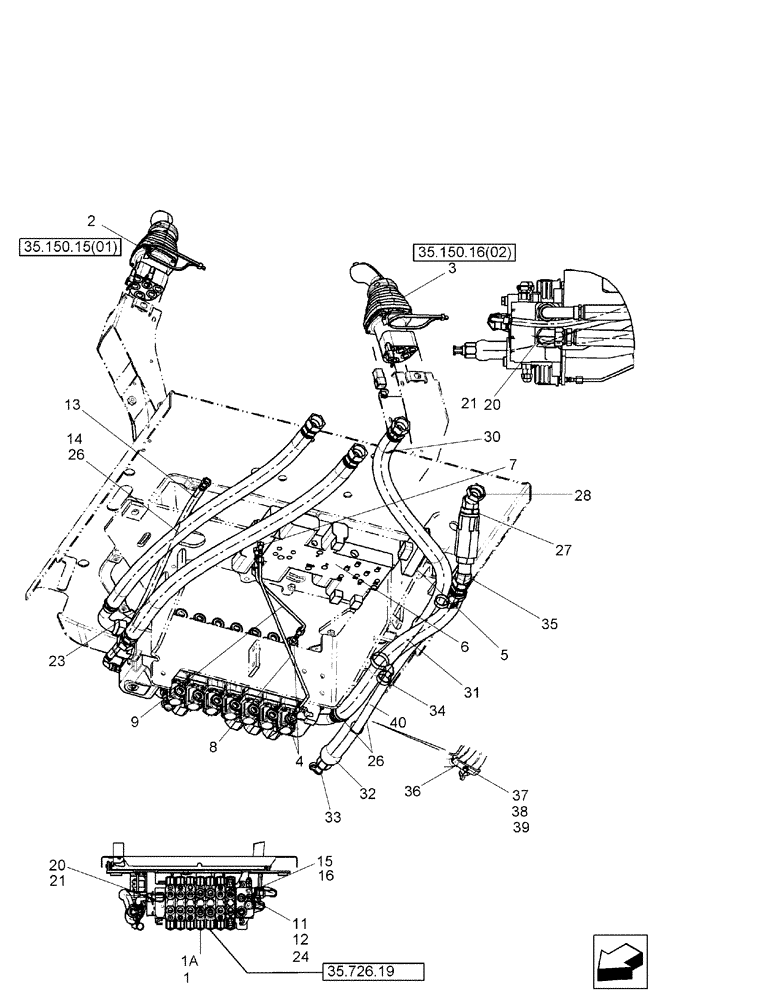 Схема запчастей Case 580SM - (35.726.05[02]) - HYDRAULICS - VALVE, PILOT CONTROL AND JOYSTICKS (7 SPOOL, W/ EXT DIPPER, W/ AUX HYDS) (580SM+) (35) - HYDRAULIC SYSTEMS