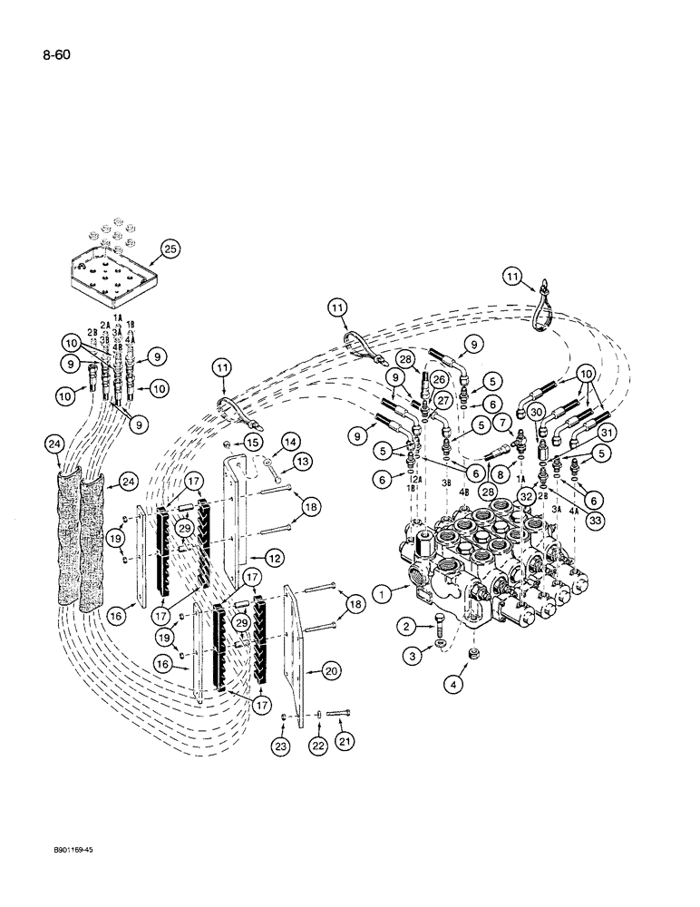 Схема запчастей Case 621 - (8-60) - REMOTE LOADER CONTROL CIRCUIT, HOSE SEPARATOR TO FOUR SPOOL VALVE (08) - HYDRAULICS