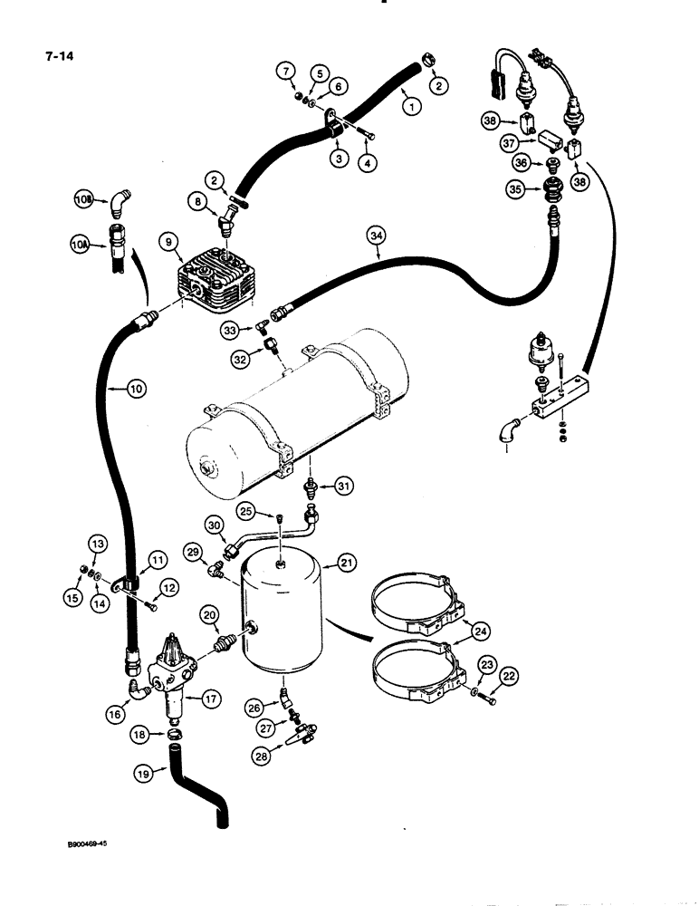 Схема запчастей Case 621 - (7-14) - AIR COMPRESSOR INTAKE HOSE AND LOWER RESERVOIR (07) - BRAKES