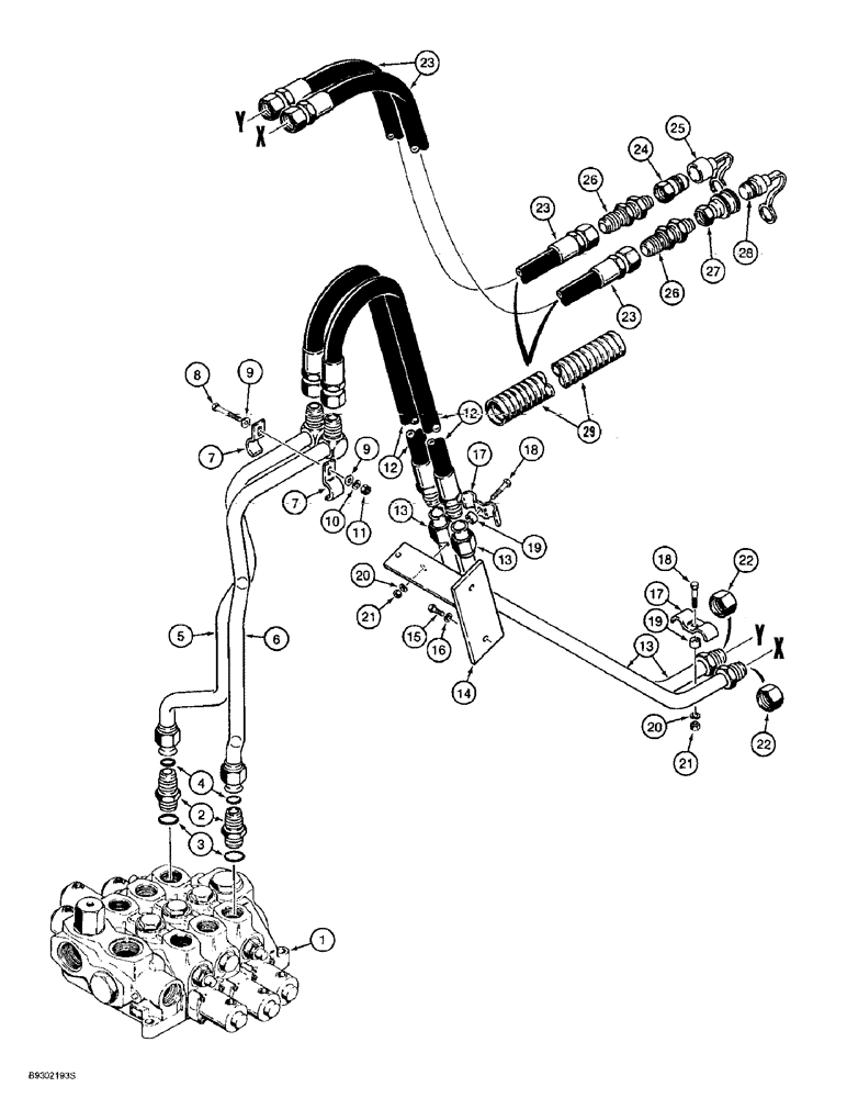 Схема запчастей Case 621B - (8-20) - HYDRAULIC CIRCUIT, THREE SPOOL VALVE TO AUXILIARY BUCKET COUPLINGS, XT LOADER (08) - HYDRAULICS