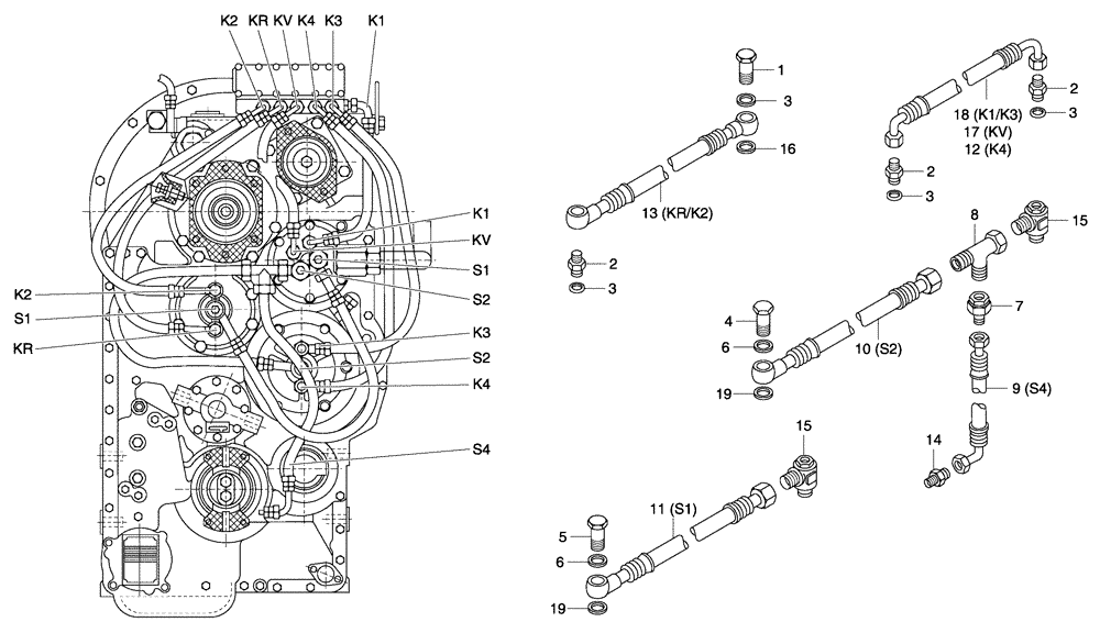 Схема запчастей Case 330 - (18A03020585[02]) - TRANSMISSION - PIPING (03) - Converter / Transmission