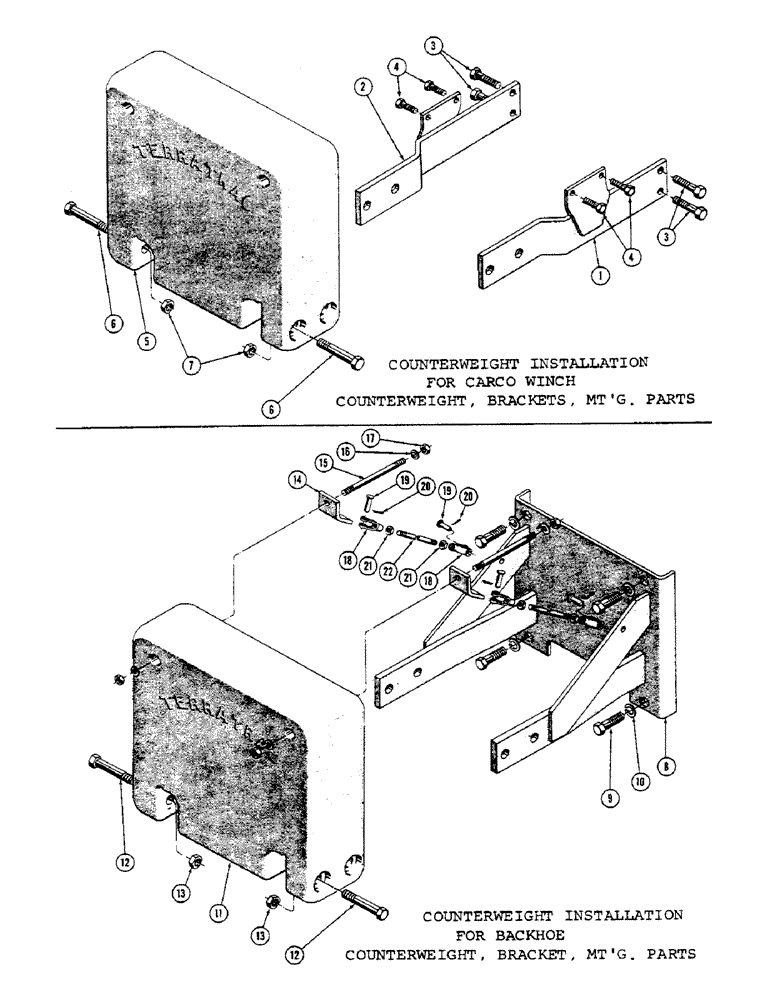 Схема запчастей Case 600 - (154) - COUNTERWEIGHT INSTALLATION, FOR CARCO WINCH,, COUNTERWEIGHT, BRACKETS, MTG. PARTS (05) - UPPERSTRUCTURE CHASSIS