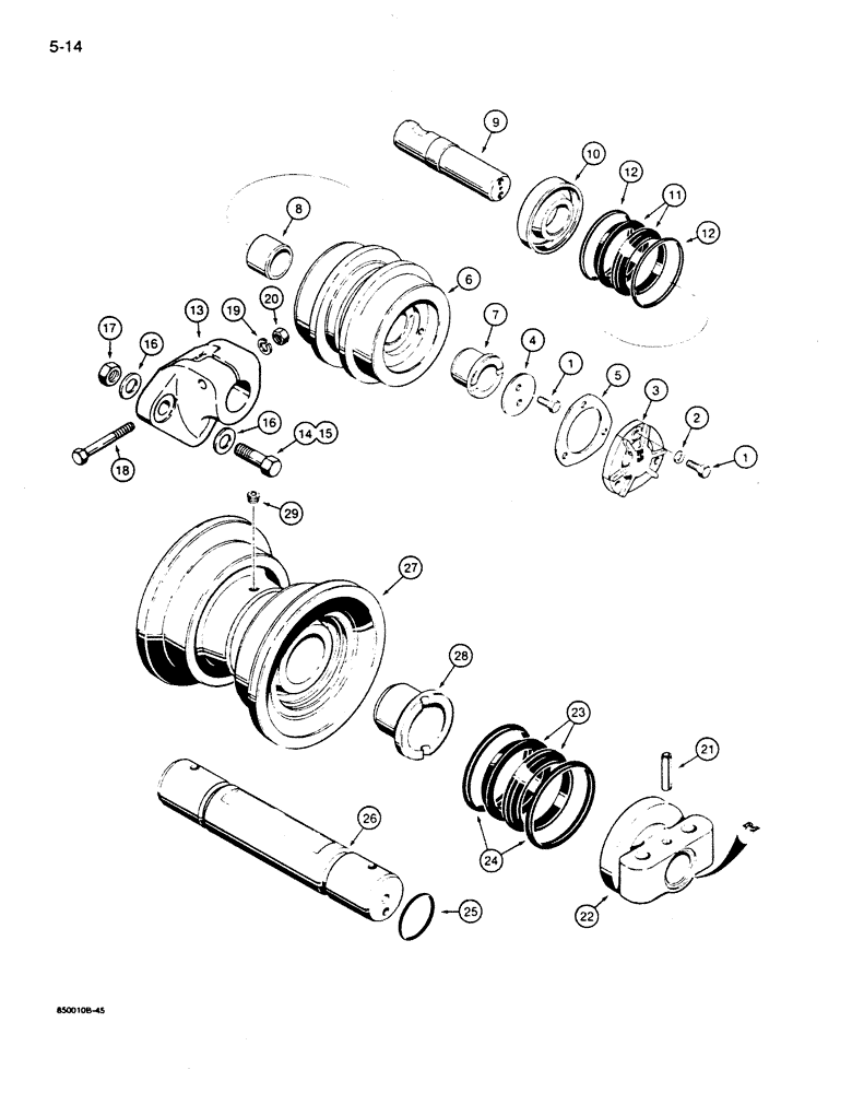 Схема запчастей Case 855D - (5-14) - INTERTRAC TRACK ROLLER ASSEMBLIES AND CARRIER ROLLER MOUNTING, CARRIER ROLLER ASSY. & MOUNTING (11) - TRACKS/STEERING