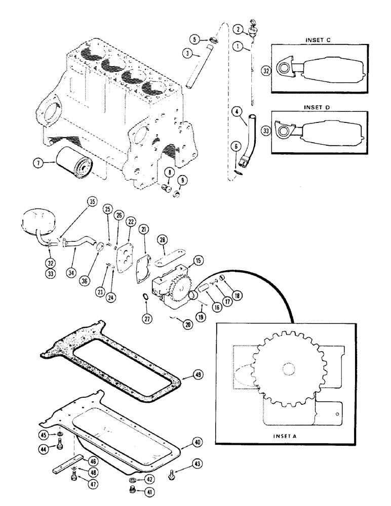 Схема запчастей Case 580 - (019A) - OIL PUMP - OIL FILTER - OIL PAN, (188) DIESEL ENG. STAMPED OIL PAN, USED PRIOR TO ENG. S/N. 2639536 (10) - ENGINE