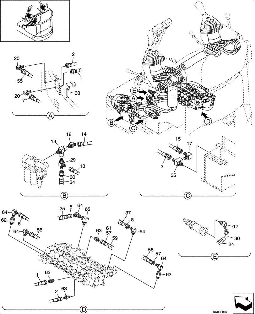 Схема запчастей Case CX14 - (08-07[00]) - HYDRAULICS - PILOT CONTROL LINES, REMOTE CONTROL (B) (08) - HYDRAULICS