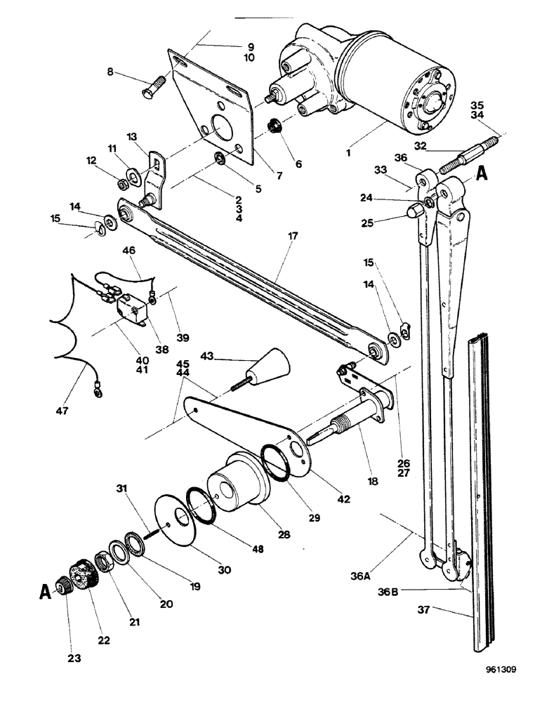 Схема запчастей Case 580G - (476) - CAB - REAR WINDSHIELD WIPER UP TO NO. 3.808.596 (09) - CHASSIS/ATTACHMENTS