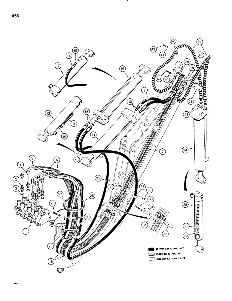 Схема запчастей Case SD100 - (456) - BACKHOE HYDRAULIC CIRCUIT, BOOM, DIPPER, AND BUCKET, USED ON BACKHOE SERIAL NUMBER 1515103 AND AFTER (35) - HYDRAULIC SYSTEMS