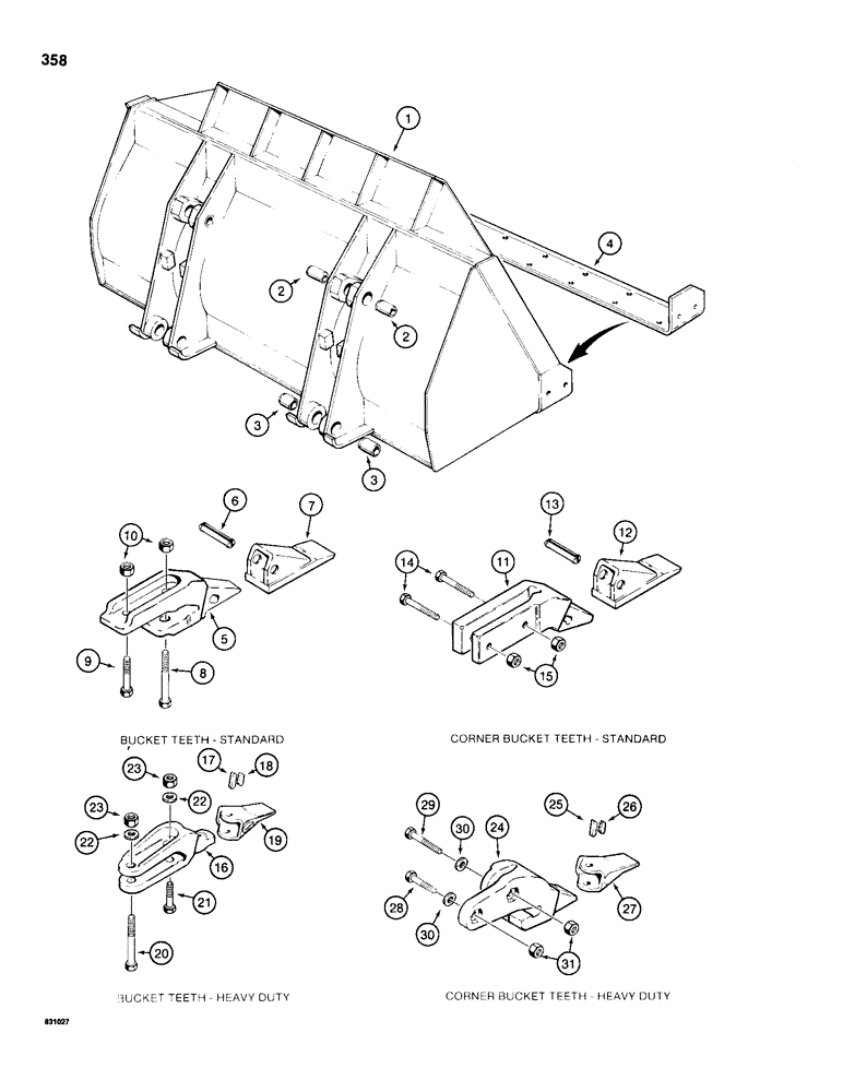 Схема запчастей Case 1150D - (358) - LOADER BUCKET, TEETH USE 5/8" DIAMETER HARDWARE, IF USED, 1-3/4 CUBIC YARD BUCKET (09) - CHASSIS/ATTACHMENTS