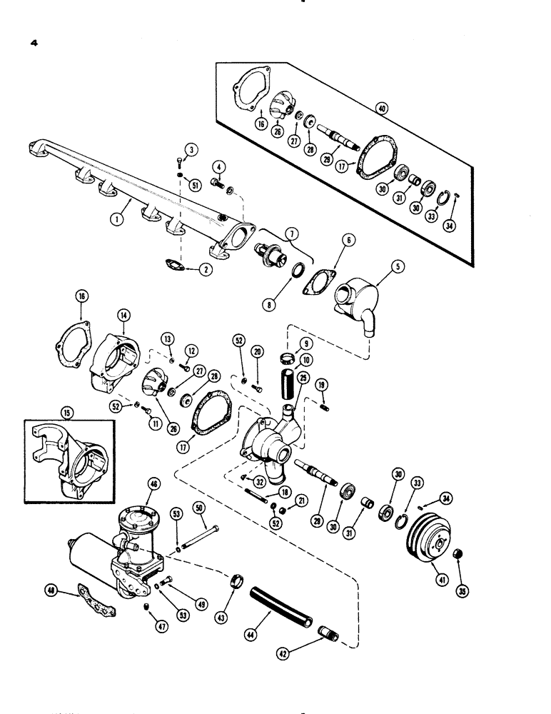 Схема запчастей Case 1150 - (004) - WATER PUMP & OIL COOLER SYSTEM, (401) DIESEL ENGINE, USED PRIOR TO ENG. SN 2306516 (01) - ENGINE