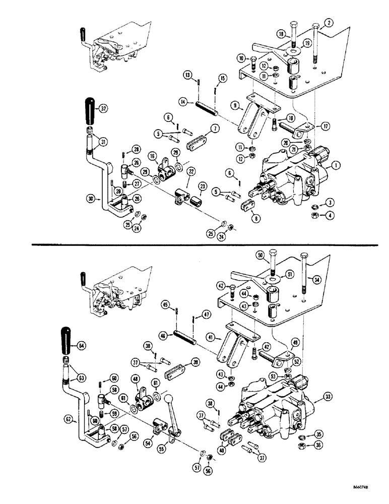 Схема запчастей Case 33 - (046) - LOADER CONTROL VALVES & LINKAGE,(USED BEFORE LOADER SN4162797)USED ON LOADER MODELS W/2 SPOOL VALVES 