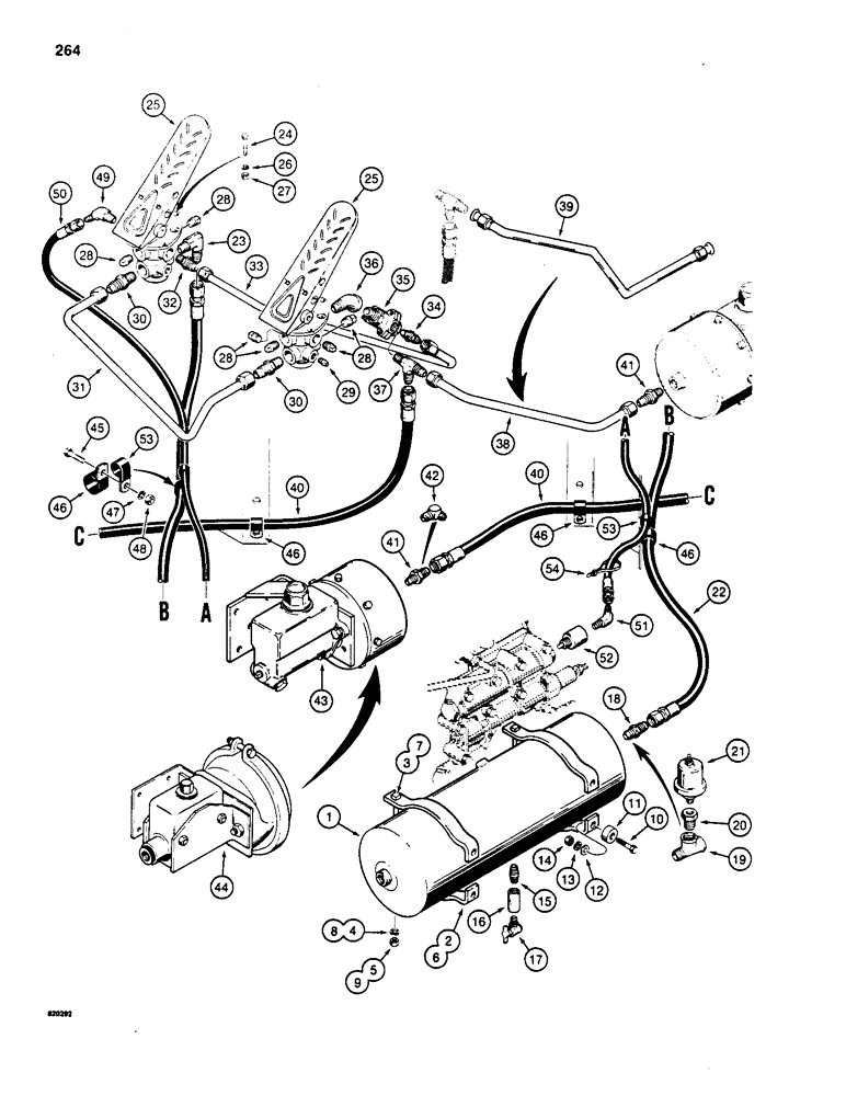 Схема запчастей Case W20 - (264) - BRAKE SYSTEM, RESERVOIR TO TREADLES, MASTER CYLINDERS, AND CLUTCH CUTOUT (07) - BRAKES