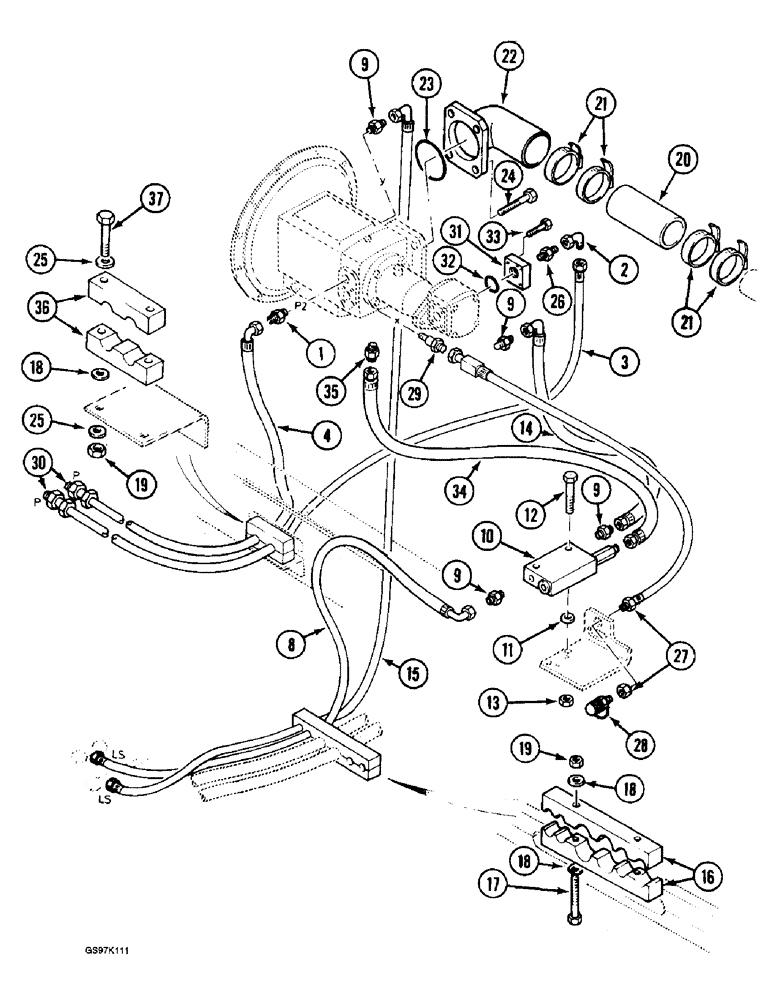 Схема запчастей Case 888 - (8B-10) - HYDRAULIC PUMP LINES, P.I.N. 15591 THRU 15637, P.I.N. 106805 THRU 106810 (08) - HYDRAULICS