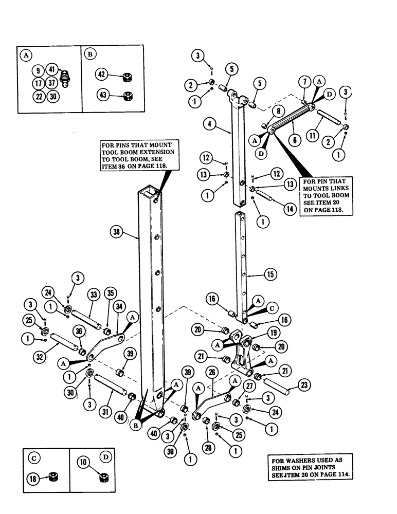 Схема запчастей Case 40 - (120) - "Y" TOOL BOOM EXTENSION, LINKS AND PINS (84) - BOOMS, DIPPERS & BUCKETS