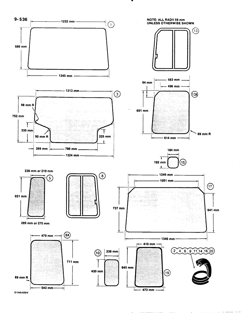 Схема запчастей Case 1455B - (9-536) - ROPS CAB GLASS, METRIC DIMENSIONS (09) - CHASSIS/ATTACHMENTS