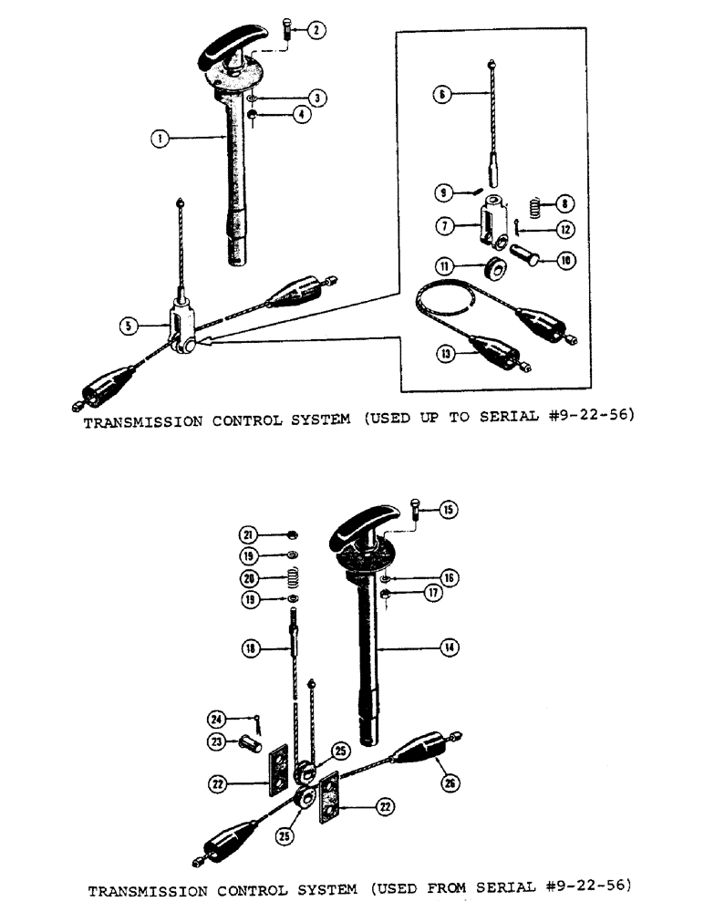 Схема запчастей Case 600 - (100) - TRANSMISSION CONTROL SYSTEM, (USED UP TO SERIAL #9-22-56), HAND BRAKE, CABLES, SHEAVES, MTG. PARTS (03) - TRANSMISSION