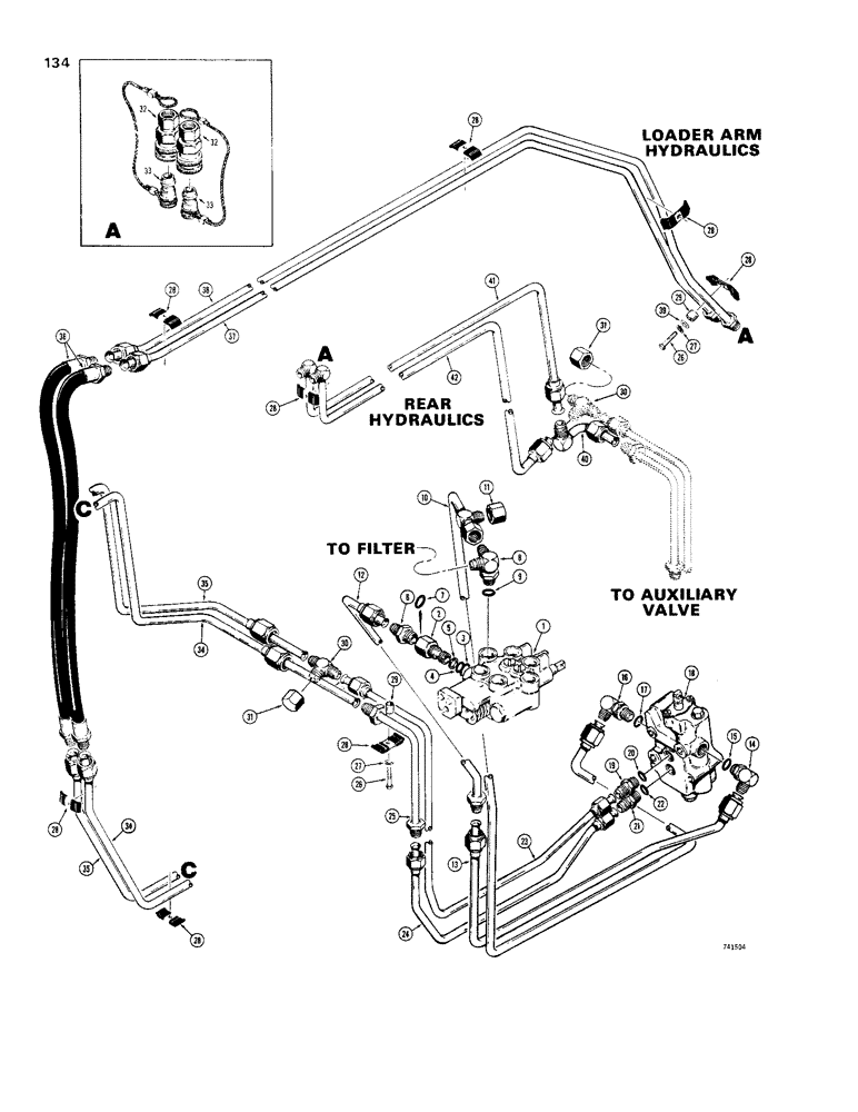 Схема запчастей Case 1830 - (134) - AUXILIARY HYDRAULICS, LOADER ARM & REAR HYDRAULICS W/O DIVERTER VALVE (35) - HYDRAULIC SYSTEMS