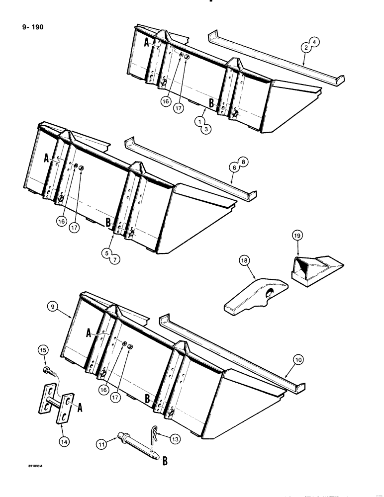 Схема запчастей Case 1835B - (9-190) - BUCKETS, 3" (76 MM) CUTTNG EDG, DIRT BUCK, UTL BUCK, LT MATL BUCK, LOADR ATTCH BAR MTING, BUCK TEETH (09) - CHASSIS/ATTACHMENTS