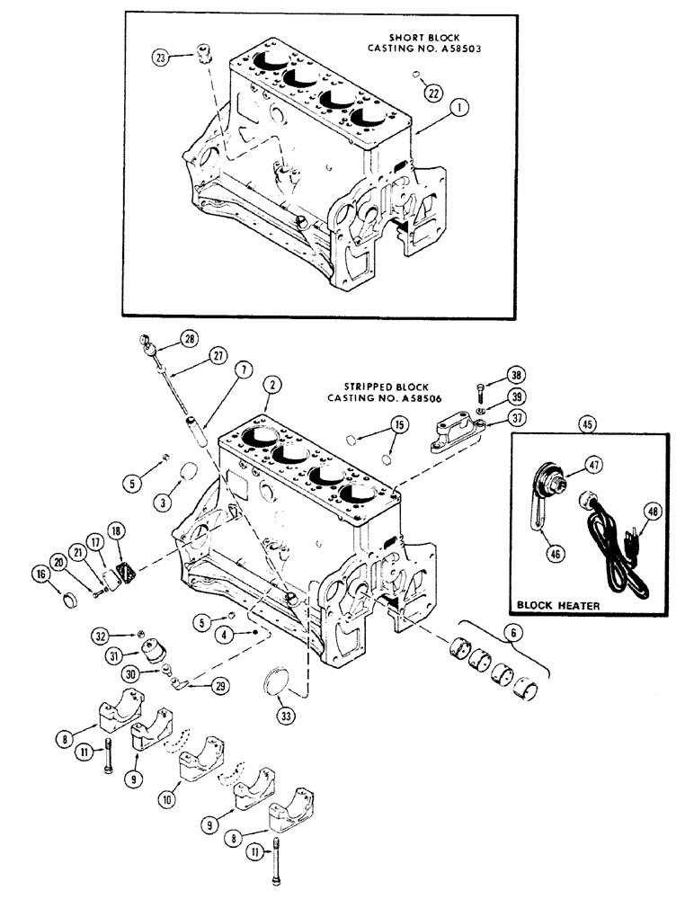 Схема запчастей Case 680CK - (016) - CYLINDER BLOCK ASSEMBLY, (301B) DIESEL ENGINE, BLOCK HEATER (10) - ENGINE