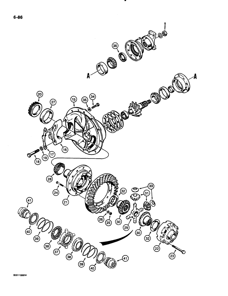 Схема запчастей Case 621 - (6-086) - FRONT AND REAR AXLE DIFFERENTIAL, PRIOR TO P.I.N. JAK0020901 (06) - POWER TRAIN