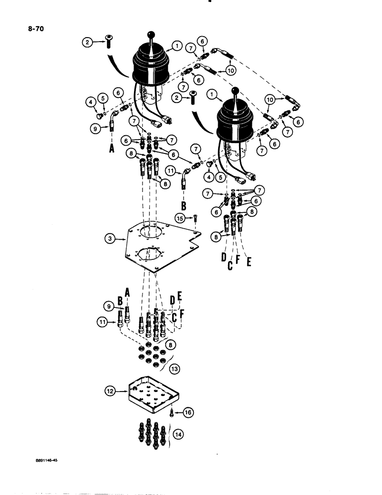 Схема запчастей Case 621 - (8-70) - REMOTE LOADER CONTROL CIRCUIT, TWO LEVERS WITH FOUR SPOOL VALVE (08) - HYDRAULICS