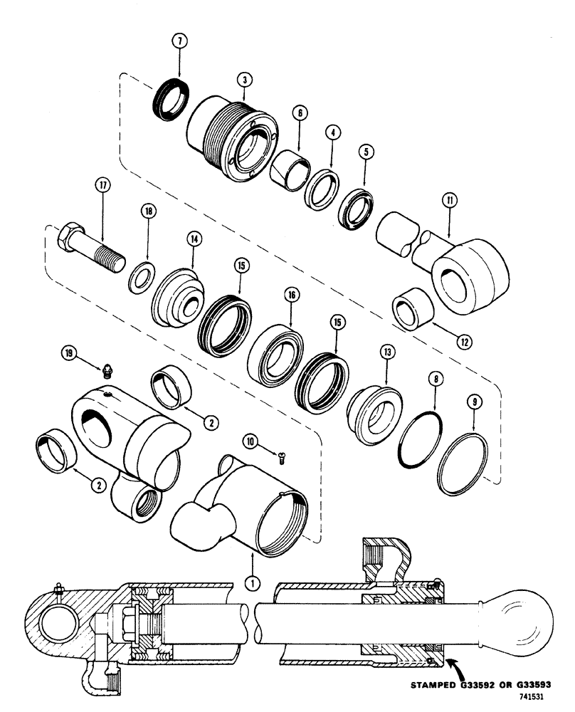 Схема запчастей Case W20 - (299A) - G33592 AND G33593 TILT CYLINDERS, GLAND WITH CENTER BEARING (08) - HYDRAULICS