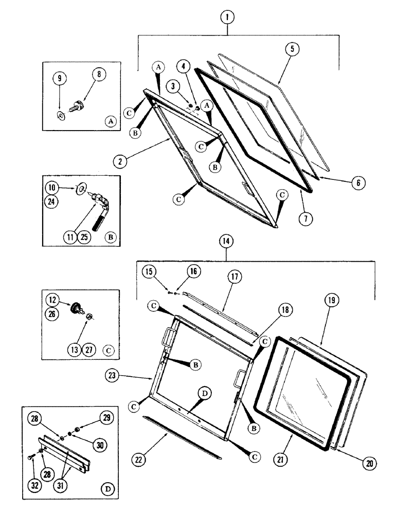 Схема запчастей Case 40 - (102) - CAB AND ATTACHING PARTS, (UPPER AND LOWER FRONT WINDOWS AND ATTACHING PARTS) (90) - PLATFORM, CAB, BODYWORK AND DECALS