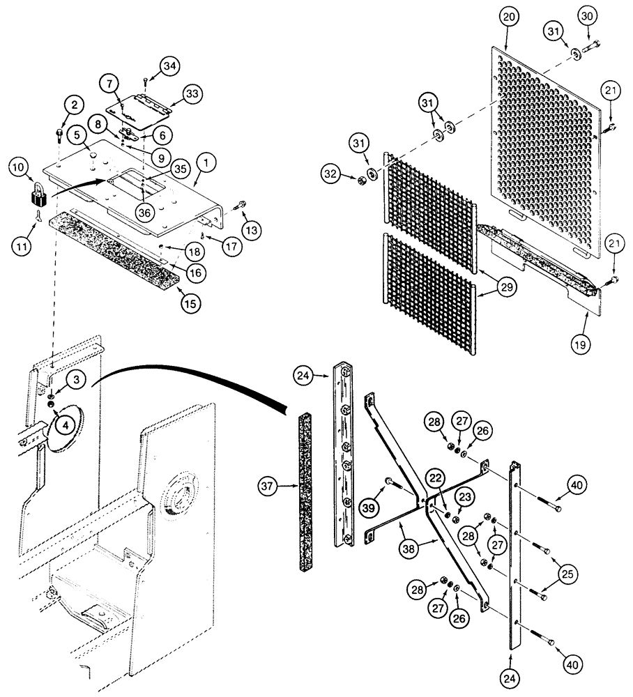 Схема запчастей Case 850E - (9-038) - RADIATOR GUARDS, GRILLE, AND SCREENS (09) - CHASSIS/ATTACHMENTS